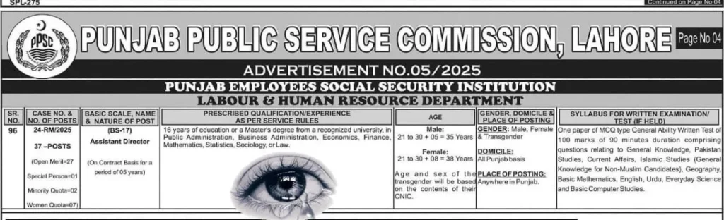 PPSC Assistant Jobs in Labour Department